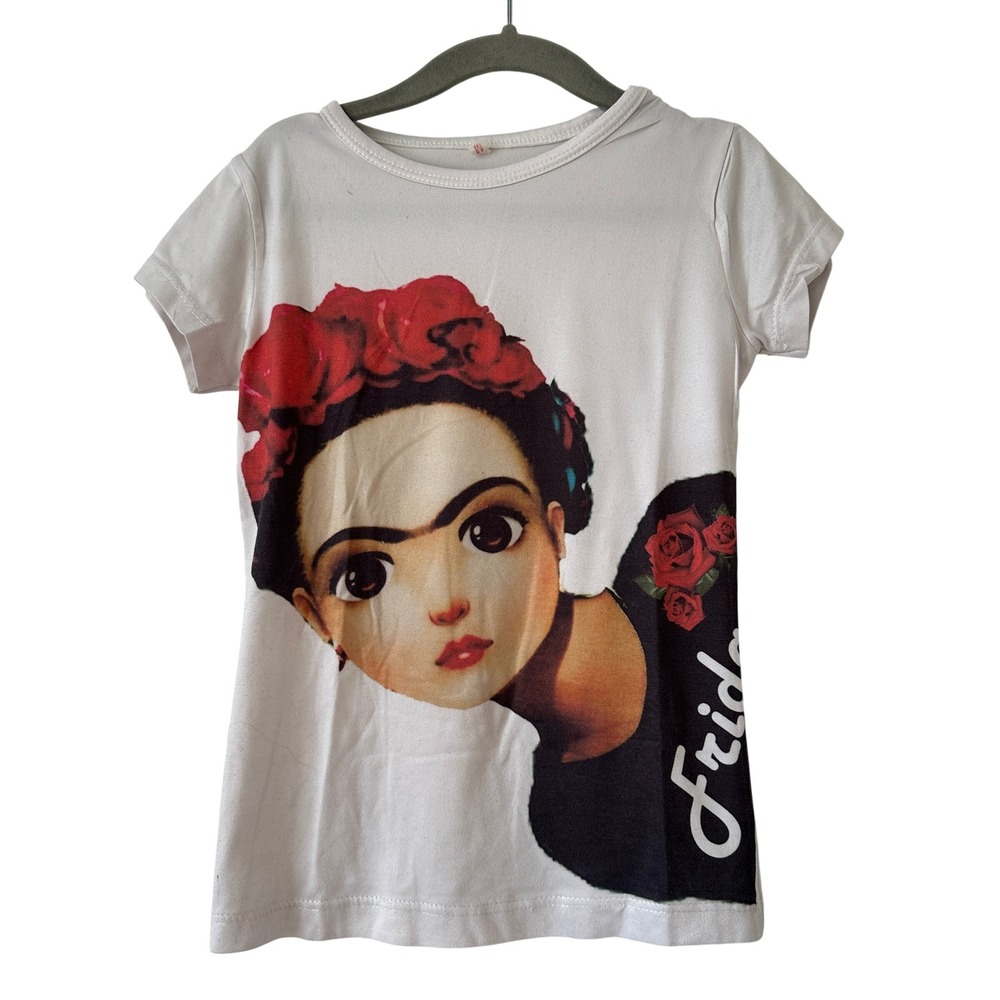 Kids Frida Kahlo Graphic T-Shirt White Short Sleeve Art Portrait Size M